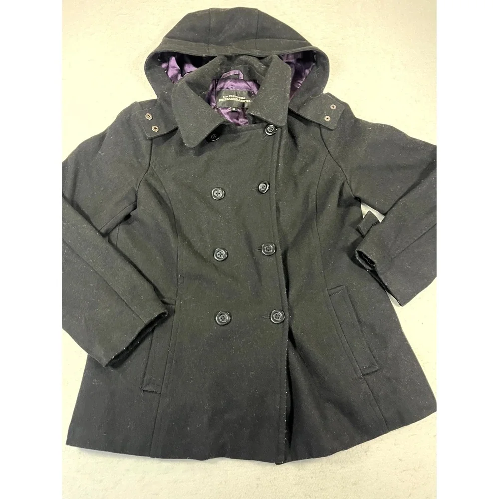 La Nouvelle Renaissance Jacket Womens Medium Black Wool Hooded Lined Full Zip‎